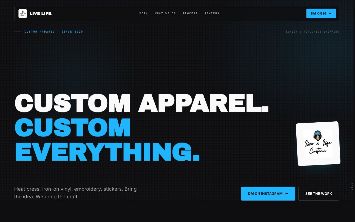 Live Life Customs homepage with the chimp mascot and bold streetwear type
