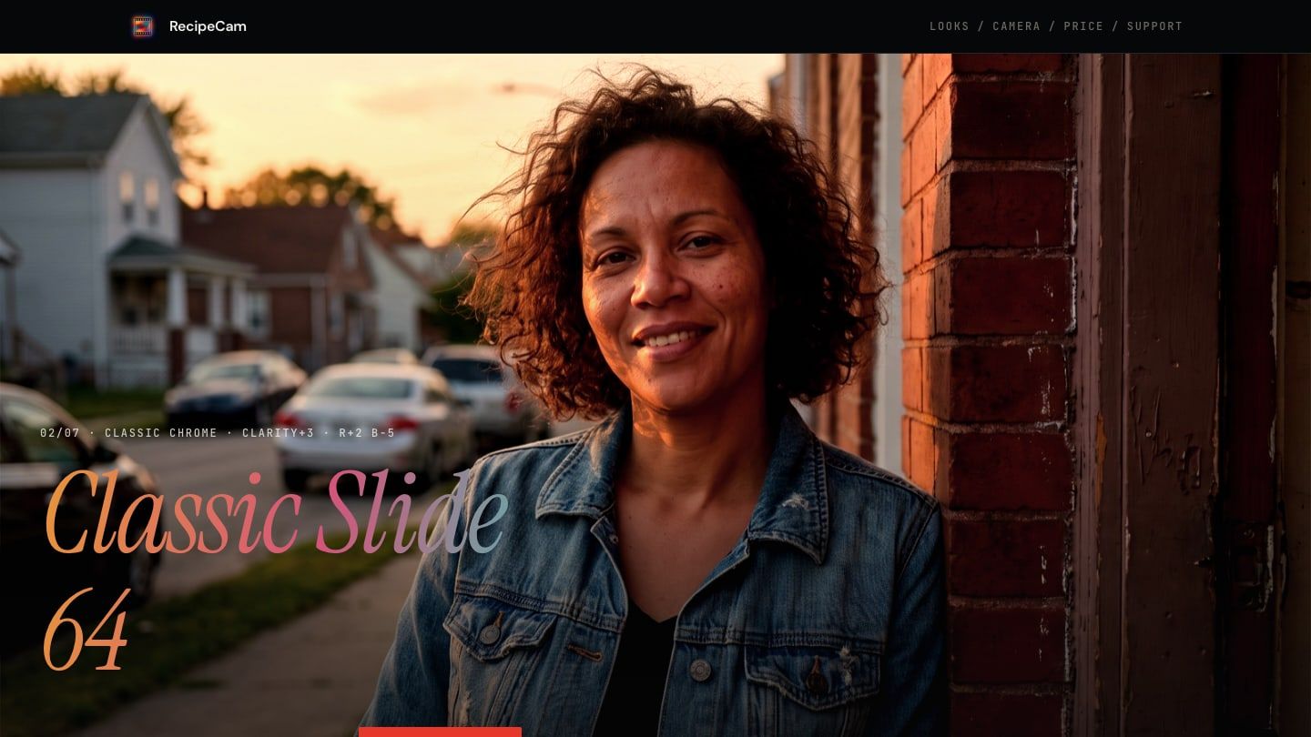 RecipeCam homepage, a street portrait shown in the Classic Slide 64 recipe