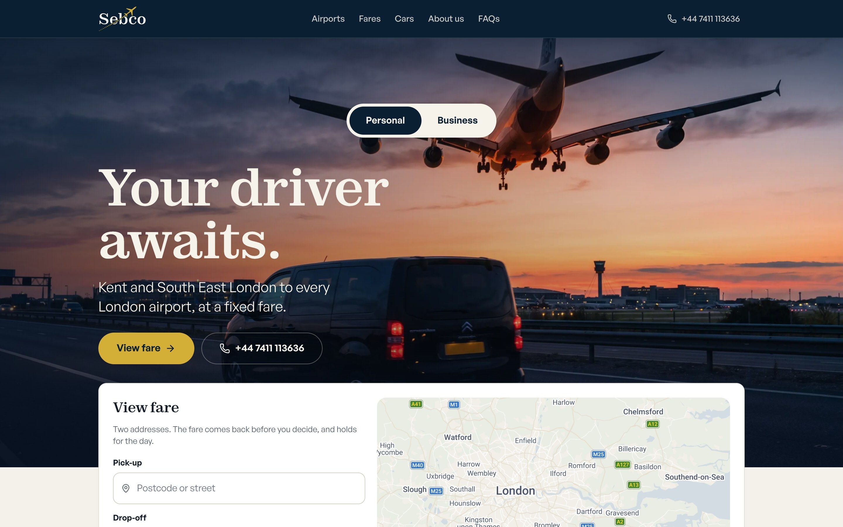 SEBCO Travels homepage: a plane landing at sunset over the van on the motorway, under the line Your driver awaits
