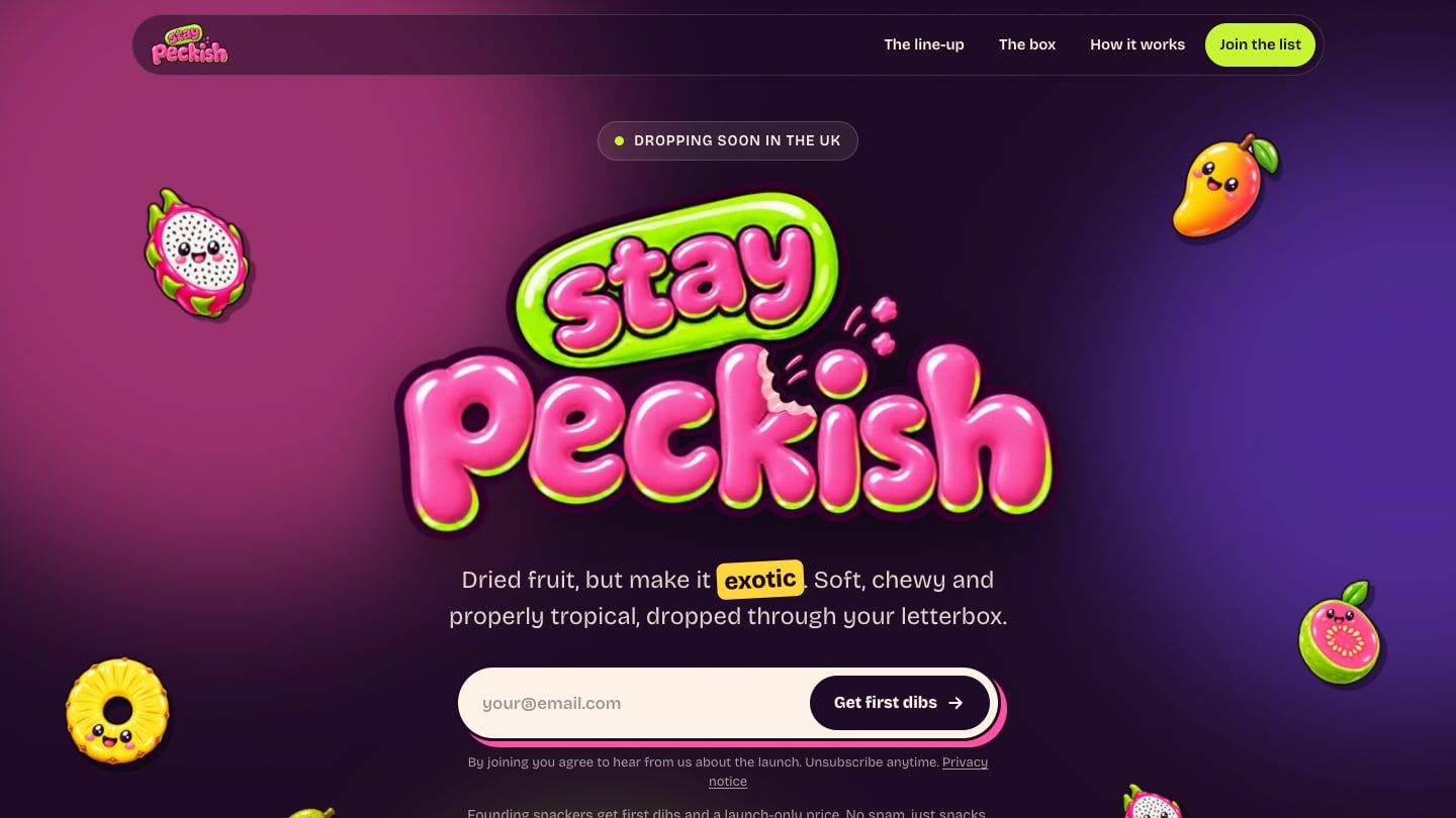 Stay Peckish waitlist page with the bubble-letter logo and tropical fruit on purple
