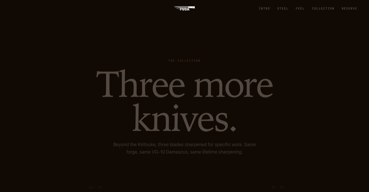 The collection page revealing the three secondary knives, kept off the main story until the visitor is ready