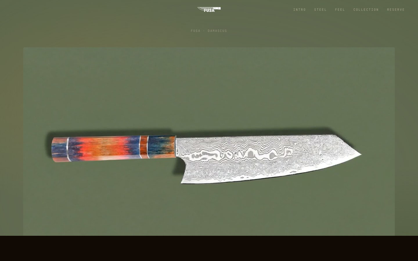 FUSA Damascus homepage, the Kiritsuke knife centred on a deep sage panel