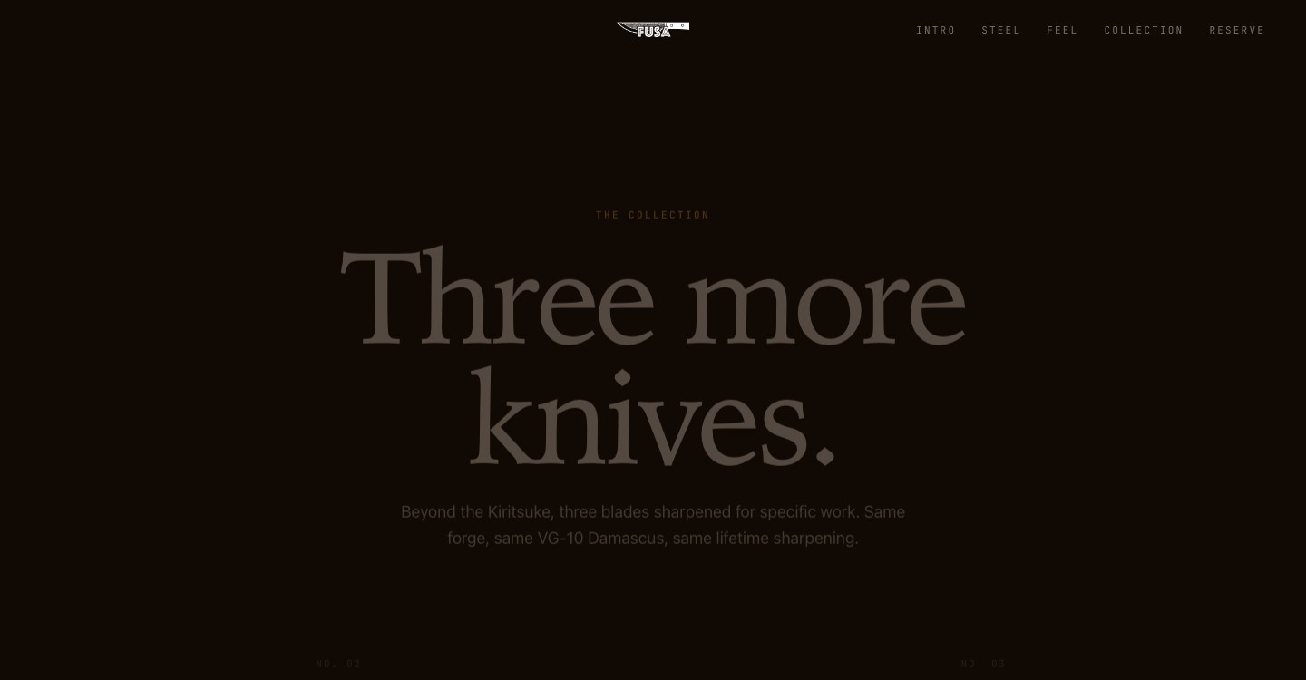 The collection page revealing the three secondary knives, kept off the main story until the visitor is ready
